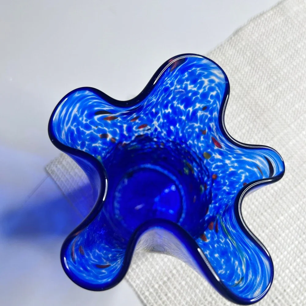 Hand Blown Cobalt Blue Confetti Glass Vase Ruffled Handkerchief Rim‎ 5.5 Inch